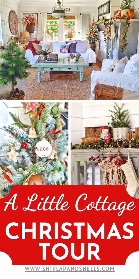 Come along as I take you on a little cottage Christmas tour, with plenty of vintage and farmhouse-inspired style decor mixed in. My favorites for this year's holiday decor are greenery, small Christmas trees, garland, and twinkle lights. #holidaydecor #christmasdecor #hometour Estilo Cottage, Vintage Christmas Decor, Christmas Cottage, Large Christmas Tree, Creative Christmas Trees, Christmas Tours, Cottage Christmas, Christmas Living Rooms, Small Christmas Trees