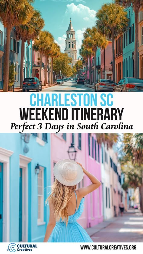 A woman in a blue dress and sunhat walks through a colorful street lined with palm trees, symbolizing a Charleston SC Weekend Itinerary: Perfect 3 Days in South Carolina, with a church steeple visible in the background. Weekend Trip To Charleston Sc, Charleston South Carolina Shopping, 3 Days In Charleston Sc, Girls Trip To Charleston Sc, Charleston Sc Girls Trip, One Day In Charleston Sc, Charleston Girls Trip, Charleston South Carolina Things To Do, Things To Do In South Carolina