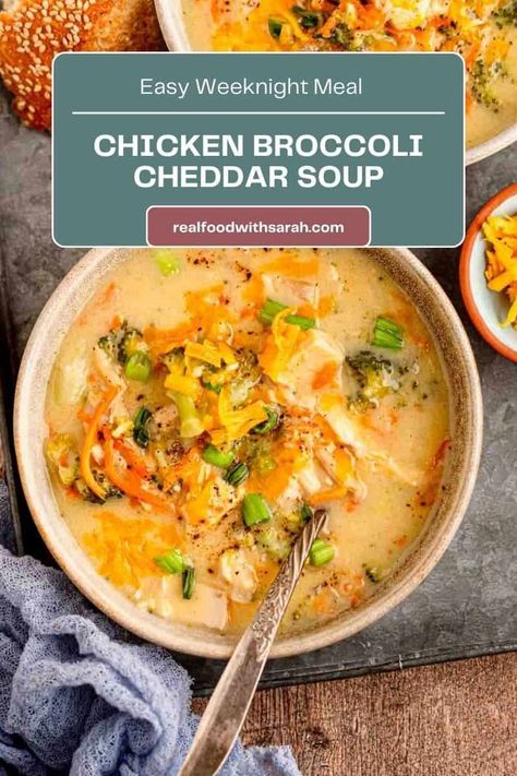 Make the infamous Chicken Broccoli Cheddar Soup right at home in just 35 minutes! Enjoy all the cheesy goodness with this comforting soup the whole family will love. Chicken Broccoli Cheddar Soup, Broccoli Cheddar Chicken Soup, Cheesey Broccoli, Chicken Broccoli Soup, Broccoli Cheddar Chicken, Stews Recipes, Broccoli Soup Recipes, Cheddar Chicken, Comforting Soup