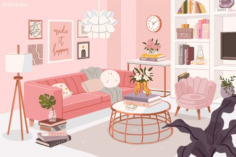 Aesthetic Room Illustration, Background Kawaii, Parisian Room, Living Room Illustration, Barbie Printables, Pink Paradise, Dream Craft Room, Interior Desig, Interior Illustration