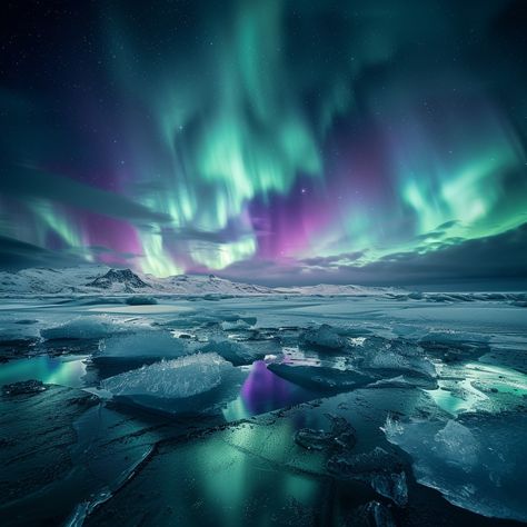 Aurora Ice Dance: The #breathtaking northern lights ripple across the #polar sky above a #serene icy landscape at night. #northernlights #icylandscape #nightphotography #nightsky #beautifulview #digitalart #photography #creativework ⬇️ Download and 📝 Prompt 👉 https://stockcake.com/i/aurora-ice-dance_304612_709167 Aurora Aesthetic Northern Lights, Artic Ocean Aesthetic, Northern Lights Wedding Theme, Northern Lights Aesthetic, Aurora Landscape, Northern Lights Alaska, Macbook Setup, Icy Landscape, Landscape At Night