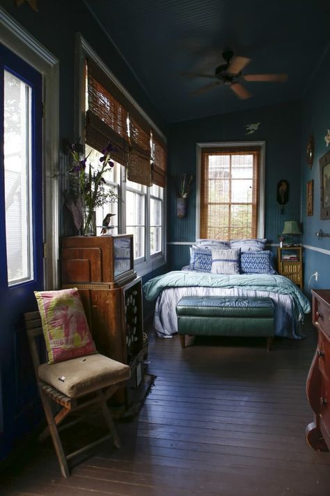 House Tour: A Bold and Dramatic New Orleans House | Apartment Therapy Narrow Bedroom, Design Ložnic, Blue Bedroom Walls, Dark Bedroom, Bedroom Wall Designs, Eclectic Bedroom, Small Bedroom Decor, Trendy Bedroom, Bedroom Vintage