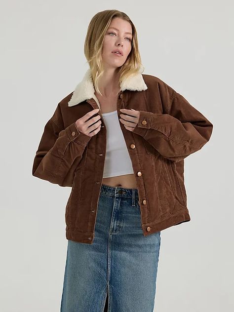 Women's Girlfriend Sherpa Jacket in Cedar Cute Fall Jackets For Women, Lodge Outfit Winter, Women’s Jackets, Montana Outfits Fall, Fall Jackets 2024, Trucker Jacket Outfit Women, Sherpa Jean Jacket Outfit, Womens Fall Jackets, Granola Fall Outfits