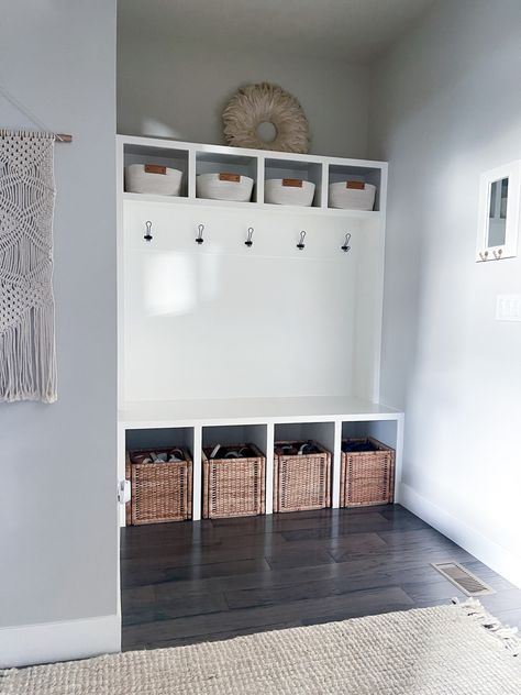 Neutral Mudroom Mudroom With Baskets, Mud Room Storage Baskets, Mud Room Basket Storage, Mudroom Baskets Cubbies, Mudroom Storage Baskets, Mudroom Baskets, Neutral Mudroom, Mud Room Baskets, Small Moody Office