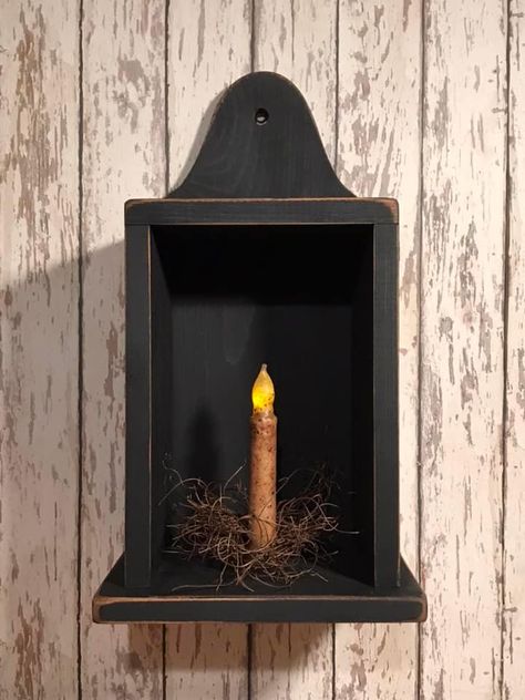 Primitive Wood Wall Coach Light Taper Candle Box- Hang or Sitter - 16.5" high Grungy Candles, Primitive Shelves, Primitive Country Homes, Coach Lights, Country Primitive Decor, Primitive Candles, Primitive Walls, Woodworking Inspiration, Painted Candles