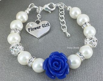 Camoflauge Wedding, Royal Blue Bracelet, Single Pearl Earrings, Blue Flower Girl, Bridesmaid Presents, Royal Blue Flowers, Blue Wedding Jewelry, Flower Girl Jewelry, Flower Girl Bracelets