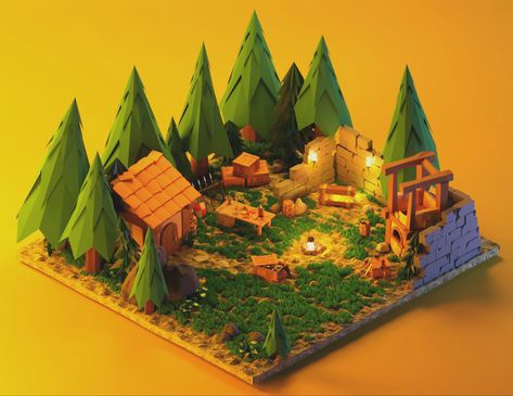 Low poly, forest, fire, nature, ruins, 3d forest, camp, barrel, rum, gold, лагерь разбойников в лесу, 3д дизайн, 3d design, 3d models Low Poly Forest, 3d Forest, Nature 3d, Creative School Project Ideas, Forest Camp, 3d Games, Graduation Project, Forest Fire, 3d Modelling