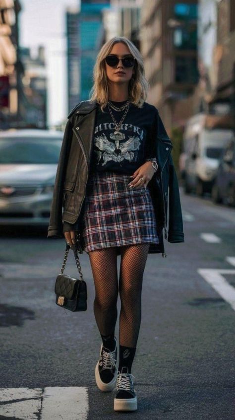 Elevated Alternative Fashion, Casual Plaid Skirt Outfit, Plaid Skirt And Tshirt Outfits, Sneakers Date Night Outfit, Skirts With Sweatshirts Outfit, Bowling Outfit Aesthetic, Tights And Skirt Outfit, Tartan Skirt Outfit, Skater Skirt Outfit