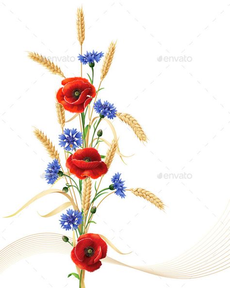 Cornflowers with Poppy Flowers and Wheat                                                                                                                                                     More Ukrainian Floral Tattoo, Ukrainian Flowers Tattoo, Poppy Tattoo Meaning, Ukrainian Flowers, Hur Man Ritar Blommor, Wheat Tattoo, Ukrainian Tattoo, Poppies Tattoo, Ukrainian Art