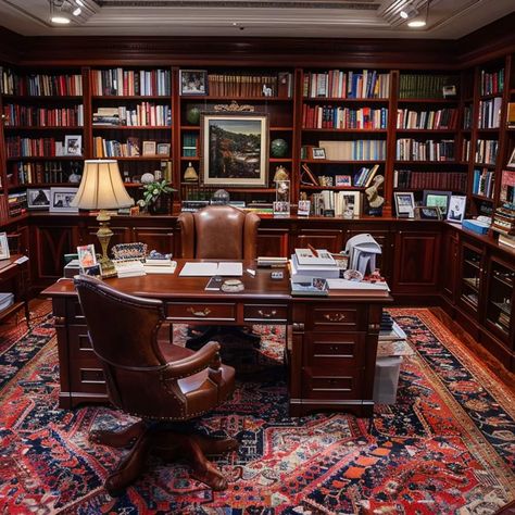 Sophisticated Home Office in Stephen Colbert's Montclair Mansion Home Library Office Ideas, Mahogany Study, Dark Wood Bookshelves, Vintage Office Aesthetic, Mansion Office, Grand Office, Bookshelves Styling, Mahogany Office, Classroom Aesthetic