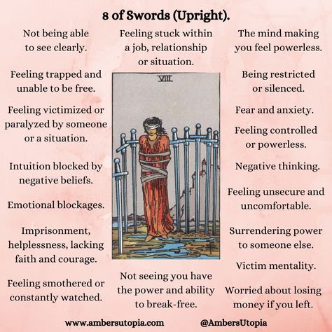 8 of Swords in upright position. These are the meanings are this tarot card from the suit of swords.

#tarot #eightofswords #8ofswords 8 Swords Tarot Meaning, 8 Of Swords Tarot Meaning Reversed, 3 Of Swords Tarot Meaning, Eight Of Swords Tarot Meaning, 8 Of Swords Tarot Meaning, 9 Of Swords Tarot Meaning, Nine Of Swords Tarot Meaning, 8 Of Swords Tarot, Eight Of Swords Tarot