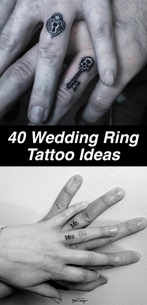 His And Her Wedding Ring Tattoos, Wedding Band Tattoos For Couples, Couple Finger Tattoos Marriage, Wedding Finger Tattoos Marriage, Wedding Bands For Women Tattoo, Wedding Rings Tattoo His And Hers, Couples Tattoos Ring Finger, His And Hers Ring Tattoos, Tattoo Marriage Rings