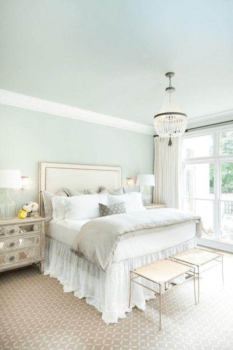 seafoam green bedroom, mint green, ivory accents, white trim, tan carpet, sherwin williams mountain air Bedroom Mint, Seafoam Green Bedroom, Mint Bedroom, Interior Paint Colors Schemes, Blue Ceilings, Green Bedroom, Bedroom Green, Bedroom Paint, White Furniture