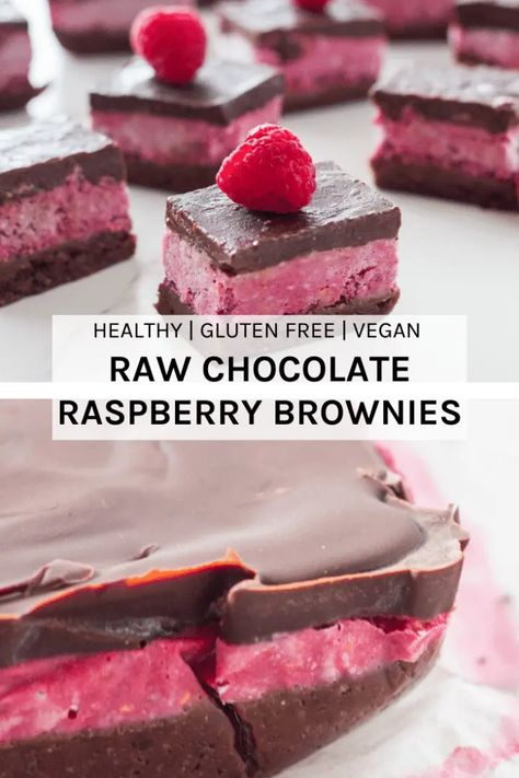 These Raw Chocolate Raspberry Brownies will become your favourite raw dessert! These brownies are made up of three layers that go so beautifully together - the 'chocolatey' brownie base, the 'gorgeous' raspberry layer and to top it off a layer of raw chocolate. | becomingness.com #rawdessert #brownie #glutenfree #healthyeating Raw Baking, Raw Deserts, Raw Slice, Raw Sweets, Chocolate Raspberry Brownies, Raw Dessert Recipes, Raspberry Brownies, Raw Vegan Desserts, Raw Cake