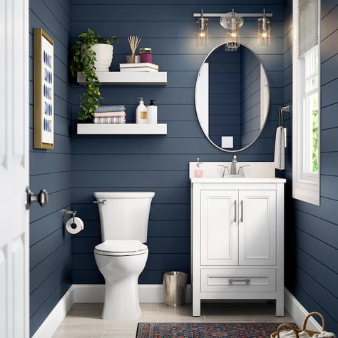 Small Half Bathroom, Half Bathroom Remodel, Oval Mirror Bathroom, Powder Room Decor, Allen Roth, Bathroom Color, Toilet Design, Half Bathroom, Single Sink Bathroom Vanity