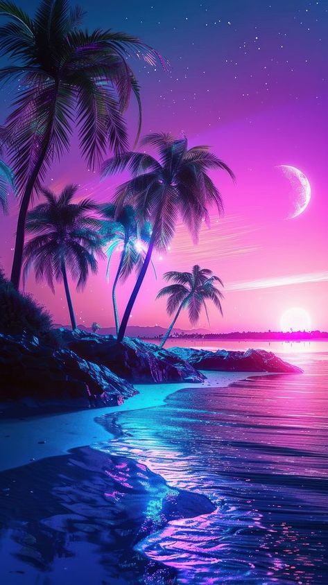 Neon beach shoreline astronomy. | free image by rawpixel.com Coconut Tree Wallpaper, Neon Pictures, Colorful Landscaping, Beach Shoreline, Neon Beach, Beach Landscapes, Purple Beach, Purple Sea, Dream Pictures