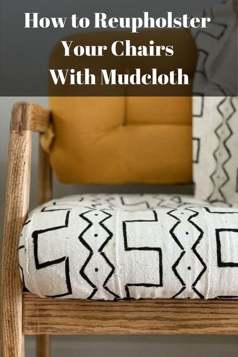 How To Reupholster Your Chairs With Mudcloth- Well made chairs will always have amazing bones but the upholstery will eventually look old. Forget buying new chairs, simply reupholster your chairs with mudcloth for a lovely modern twist on an old school syle. #mudcloth #fabric #pattern #diy #midcentury #African #pillo #reupholster #chair #diy #ottoman #upholstery #hometalk #diyupholstery #cushions #how Diy Upholstered Chair, Mudcloth Pattern, Contact Paper Kitchen Cabinets, Tufted Headboards, Mudcloth Fabric, Pallet House, Faux Cowhide, Garage Sale Finds, Reupholster Furniture