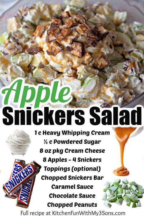 Apple Snickers Salad Recipe, Carmel Apple Snickers Salad, Recipes With Snickers, Green Apple Snickers Dessert, Cheesecake Apple Salad, Apple Snickers Salad Cool Whip, Apple Salad With Snickers, Snickers Apple Salad With Cream Cheese, Carmel Apple Cheesecake Salad