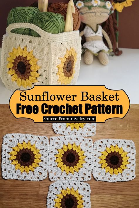 Crochet Sunflower Basket, Sunflower Crochet Pattern Granny Squares, Crochet Sunflower Ideas, Sunflower Afghan Pattern Crochet Free, Sunflower Pattern Crochet, Crochet Sunflowers Free Pattern, Free Sunflower Crochet Pattern, Fun Crochet Ideas, Crochette Ideas