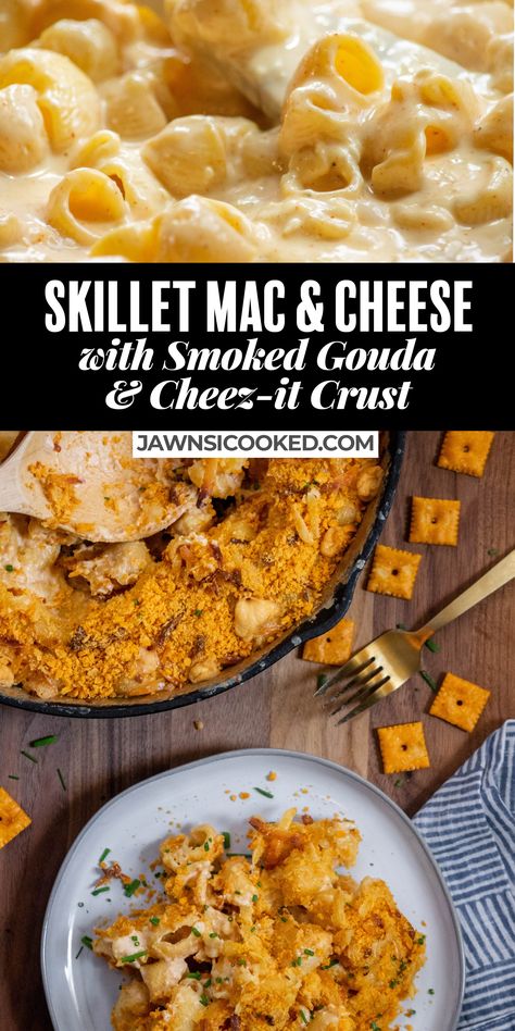 Easy and delicious Skillet Mac and Cheese with Smoked Gouda. The crispy Cheez it cracker crust takes this cast iron mac and cheese to the next level! The ultimate comfort food, this mac and cheese is to die for! Cast Iron Mac And Cheese, Skillet Mac And Cheese, Smoked Mac And Cheese, Pasta Side Dishes, Pasta Sides, Drink Inspiration, Smoked Cheese, Vegetarian Side Dishes, Holiday Favorite Recipes