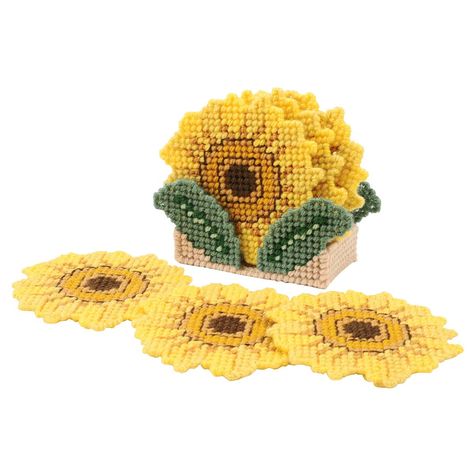 Coasters Holder, Sunflower Coasters, Coasters With Holder, Flower Coasters, Plastic Canvas Coasters, Plastic Canvas Ornaments, Christmas Light Ornament, Plastic Mesh, Crochet Tools