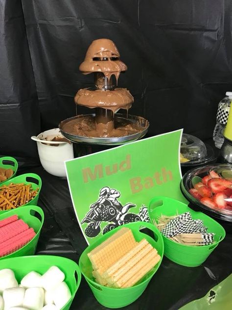 ATV Four Wheeler Party Mud Bath Food Table Mudding Party Ideas, Quad Party Ideas, Four Wheeler Themed Birthday Party, Quad Themed Birthday Party, Mud Birthday Party Ideas, Mudding Birthday Party, Atv Themed Birthday Party, Mud Party Ideas, 4 Wheeler Birthday Party Decorations