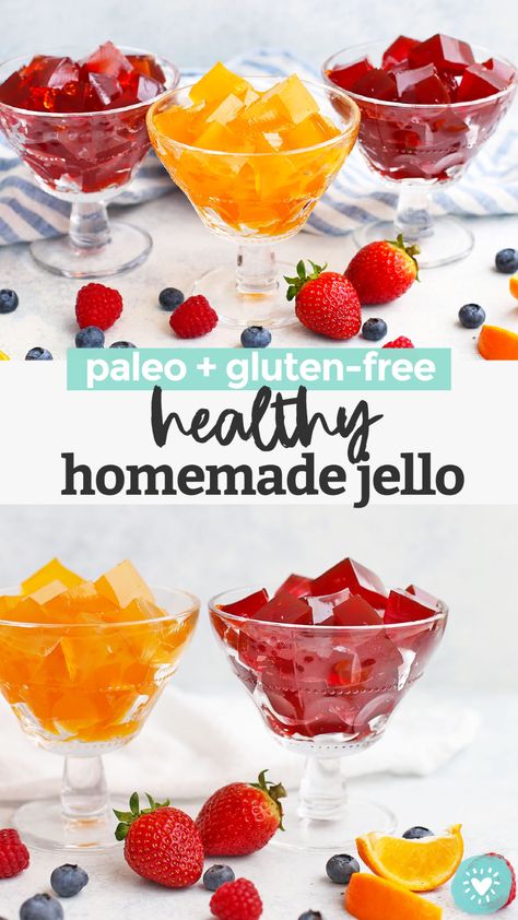 How to Make Healthy Homemade Jello - Yes, really! This homemade gelatin recipe is made from natural ingredients, and natural sweeteners, without any dye or additives. (Dairy free, gluten free & paleo approved!) // paleo jello // homemade jello recipe // homemade gelatin recipe // healthy gelatin #jello #gelatin #healthysnack #healthytreat Jello Jigglers Recipe With Knox Gelatin, Canivour Diet, Paleo Jello, Homemade Gelatin, Diy Jello, Homemade Jello, Jello Gelatin, Jello Recipe, Gelatin Recipes