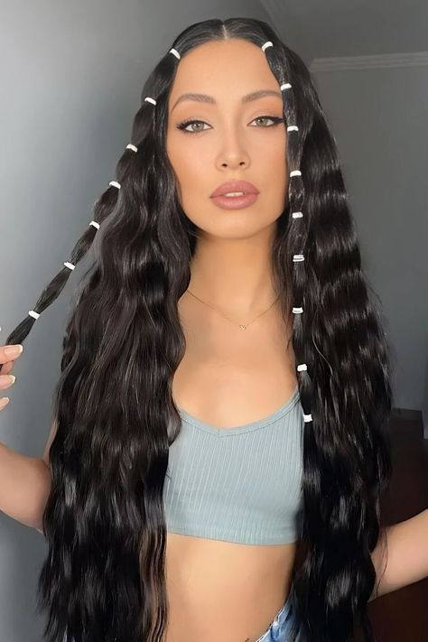 Wavy Bubble Braid For Long Curly Hairstyles Three Barrel Curls, Beachy Waves Hair, Sophisticated Hairstyles, Hair Crimper, Barrel Curls, Hair Waver, Black Hair Extensions, Festival Hair, Asian Hair