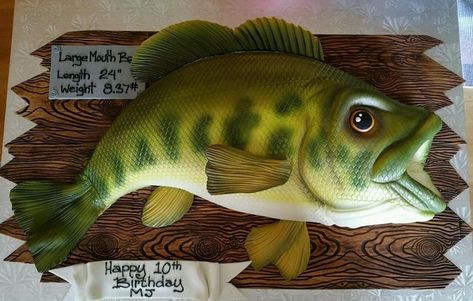 Fondant covered bass cake with fondant wood plack behind it and a banner with Happy Birthday Bass Cake, Bass Fish Cake, Grooms Cake Hunting, Halo Cake, Fishing Cakes, Fish Cake Birthday, Diy Birthday Cake, Homemade Birthday Cakes, Wedding Cake Photos