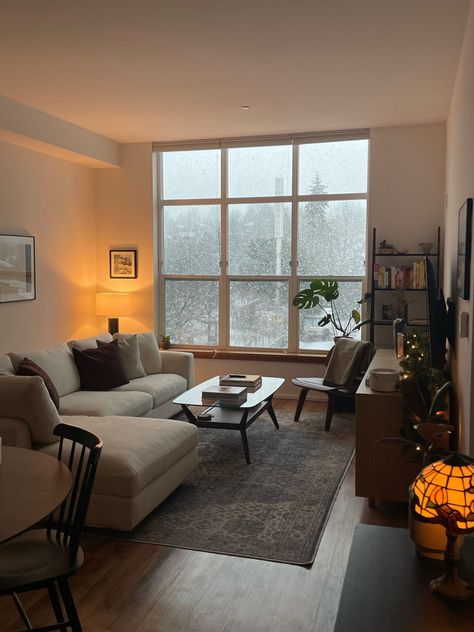 Apartment Living Room Big Windows, Tall Window Living Room, Open Layout Apartment Decor, Apartment Dark Wood Floors, Galley Kitchen Living Room Combo, Cozy Nyc Apartment Living Room, Nice Studio Apartment, 100 Sq Ft Living Room, Cozy First Home