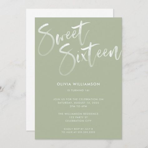 Pastel, Sweet 16 Invitation Ideas Green, 16 Birthday Party Ideas Sage Green, Sweet 16 Invitations Green, Sweet 16 Decorations Sage Green, Sage Green Birthday Party Theme, Sweet 16 Color Schemes Green, Sage Green Birthday Invitations, Sweet 16 Inspo Green