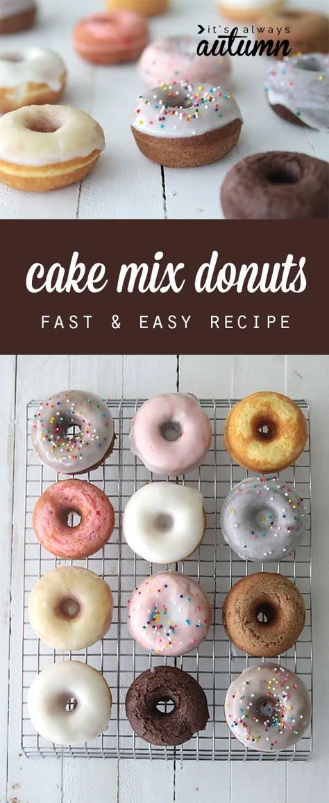 How to make mini donuts in under 15 minutes! Easy cake mix donuts recipe that is baked, not fried! Cake Mix Donuts Recipe, Donat Glaze, Cake Mix Donuts, Mini Donuts Maker, Easy Donuts, Donut Maker, Baked Donuts, Mini Donuts, Cake Mix Recipes