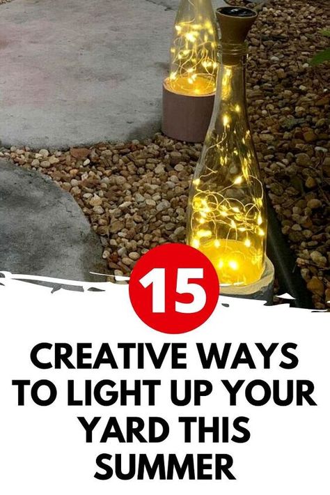 Check out these creative outdoor lighting you can make for your backyard, porch, patio or deck for cheap. Diy Outdoor Lights, Pretty Wine Bottles, Backyard Porch Patio, Entertaining Deck, Patio String Lights, Black Light Fixture, Backyard Porch, Lighted Wine Bottles, Patio Landscaping