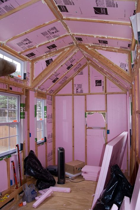 Tiny House Insulation - Tiny Home Builders Shed Remodel Diy Tiny House, 10x12 Tiny House Interior, Diy Tiny House Shed, House Shed Ideas, Garden Shed Conversion, Tiny House With Deck, Tiny House Ceiling Ideas, Tiny Home Ceiling, Backyard Tiny House Ideas