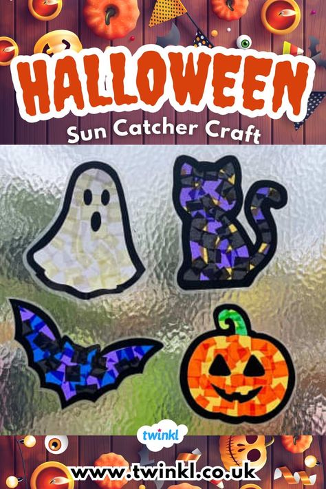 Halloween Sun Catcher Craft colourful 4th Grade Crafts, Halloween Classroom Crafts, Sun Catcher Craft, Halloween Resources, Pumpkin Festival, Suncatcher Craft, Halloween Arts And Crafts, Fall Fest, Homemade Halloween