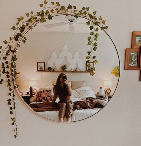 Big Circle Mirror Bedroom, Circle Mirror And Floating Shelves, Wall Decor With Circle Mirror, Circle Mirror With Pictures Around It, Above Mirror Decor, Circle Mirror Bedroom Wall Decor, Round Mirror Decor Ideas Bedrooms, Circle Mirror Ideas, Mirror Selfie Decor