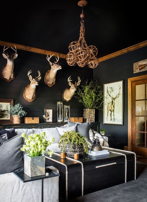 Modern Lodge Decor, Deer Head Decor, Cactus Gardens, Sean Anderson, Deer Heads, Modern Lodge, Hunting Room, Hunting Decor, Trophy Rooms