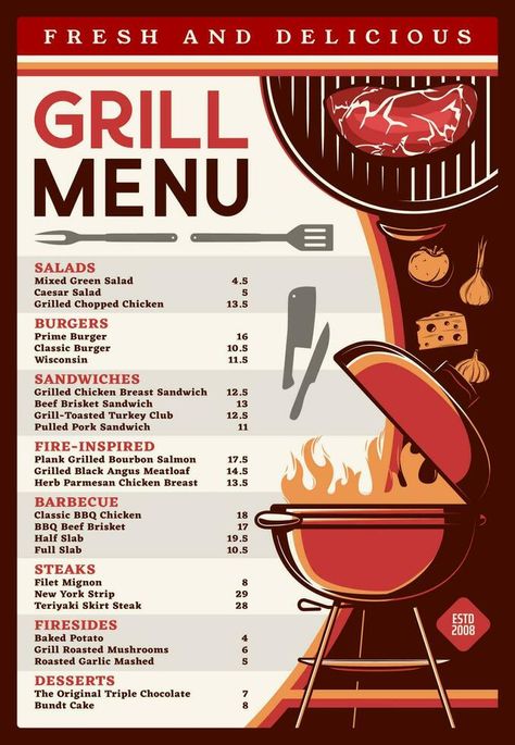 Grill menu with bbq food, barbecue cafe Grilled Menu, Dinner On The Grill, Toasted Turkey, Beef Brisket Sandwich, Chicken Breast Sandwich, Barbecue Food, Grilled Roast, Grilling Menu, Bbq Menu