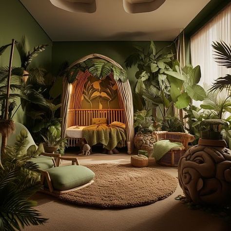 When you can’t take your child to the jungle, you bring the jungle to them. 🌴🐘🌳🦌 Nature-themed rooms are more than just decor; they’re an invitation for exploration and learning. Dive into these ideas that combine style and wonder, perfect for parents looking to find creative ways to keep the child occupied. #kidsroom #kidsroomdecor #naturetheme #SustainableDecor #natureinspiration #junglethemedecor Indoor Jungle Room, Jungle Aesthetic Bedroom, Jungle Apartment Decor, Baby Girl Nursery Jungle Theme, Rainforest Themed Nursery, Rainforest Themed Bedroom, Boho Jungle Decor, Modern Jungle Bedroom, Rainforest Room Decor