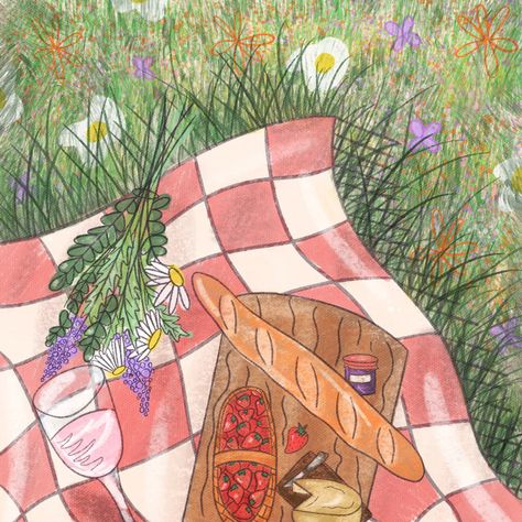 #picnic #picnicfoodideas #art #meadow #garden #flowers #floral #cottage #cottagecore #cottagecoreaesthetic #cute #cuteartwork Picnic Drawing Aesthetic, Picnic Watercolor Paintings, Cute Picnic Illustration, Picnic Date Drawing, Picnic Painting Ideas On Canvas, Picnic Blanket Drawing, Picnic Drawing Easy, Picnic Art Ideas, Aesthetic Garden Drawing