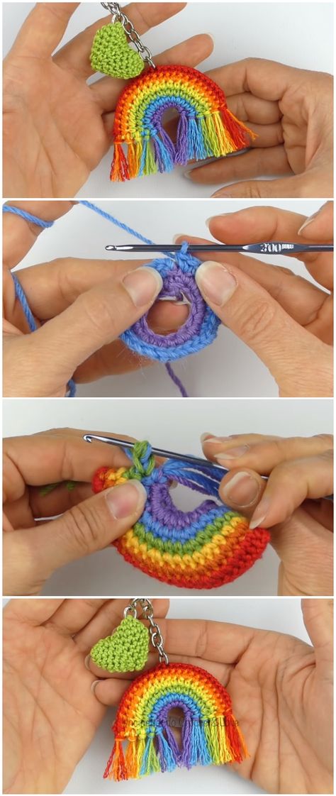 Crochet Easy Rainbow Keychain - Love Crochet Rainbow Yarn Crochet Projects, Easy Keychain, Crochet Diy Ideas Creative, How To Crochet A Rainbow, Keychain Crochet Easy, Rainbow Crochet Projects, Diy Crochet Keychain, Crochet Keychain Charms, Crochet Rainbow Pattern