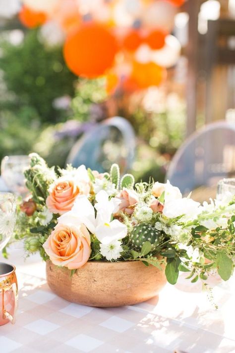 Cactus + Bloom Table Centerpiece from a Peachy Prickly 1st Birthday Party on Kara's Party Ideas | KarasPartyIdeas.com (27) Cactus And Flower Centerpiece, Cactus Flower Arrangements, Boho Taco Party, Desert Theme Centerpiece, Cactus Floral Arrangements, Desert Floral Arrangement, Cactus Centerpiece Ideas, Desert Pottery, Mexican Centerpiece Ideas