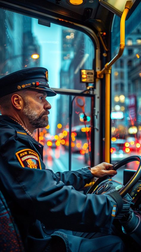 Focused Bus Driver: A dedicated bus driver attentively navigates the city streets amidst the evening's vibrant lights. #bus #driver #uniform #city #lights #aiart #aiphoto #stockcake ⬇️ Download and 📝 Prompt 👉 https://ayr.app/l/e9Pz Driver Uniform, Bus Transportation, Bus Driver, Creative Words, City Streets, City Lights, Free Photos, Volvo, The City