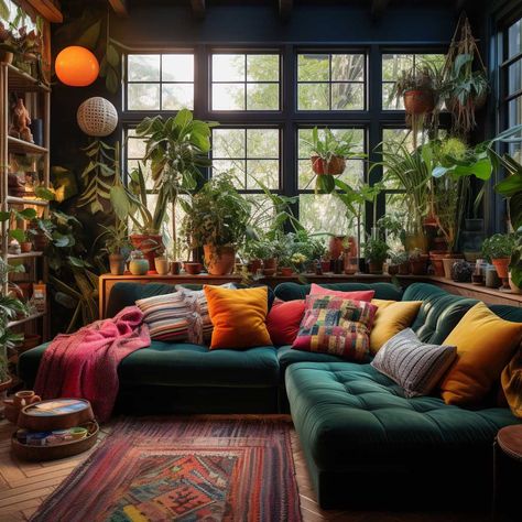 Dark Green Eclectic Living Room, Big Green Couch Living Room, Green Sofa Eclectic Living Room, Green Sofa Colourful Living Room, Deep Green Sofa In Living Room, Eclectic Lounge Room Ideas, Green Couch Ideas Living Room, Living Room Emerald Green Couch, Jade Sofa Living Room