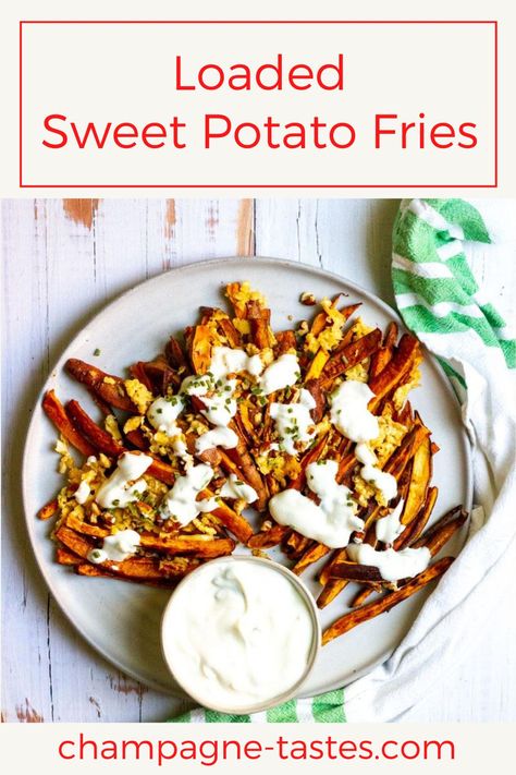 These easy loaded sweet potato fries are baked until crispy and topped with smoked gouda, chopped pecans, and a creamy garlic yogurt sauce. Loaded Sweet Potato Fries, Garlic Yogurt Sauce, Garlic Yogurt, Sweet Potato Recipes Fries, Vegetarian Barbecue, Sweet Potato Fries Baked, Night Recipes, Loaded Sweet Potato, Loaded Fries