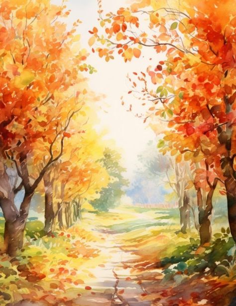 Fall Scenery Watercolor, Autumn Tree Watercolor, Fall Tree Watercolor Painting, Fall Landscape Watercolor, Watercolor Scenery Painting, Wallpaper Bible Verse, Japan Watercolor, Watercolor Scenery, Tree Watercolor Painting