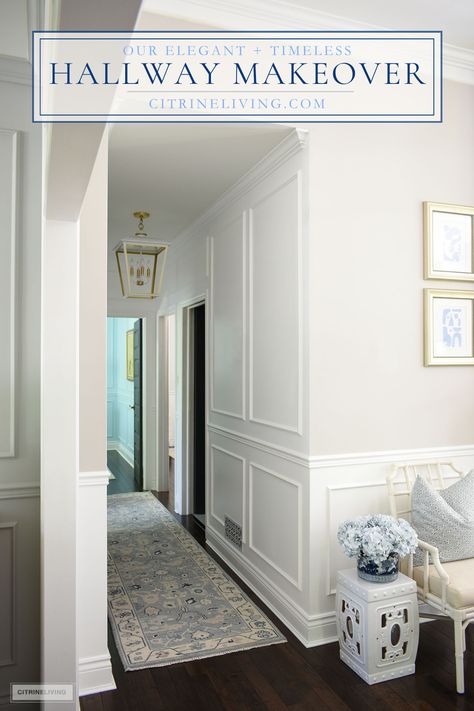 An elegant and timeless hallway makeover featuring gorgeous wall moldings, a stunning oushak runner, bright white paint and beautiful statement lighting! A few simple details help take this space from dark and boring to bright and sophisticated! See more here: https://citrineliving.com/hallway-makeover-reveal/ Grandmillenial Hallway, Hallway Molding Ideas Wall, Hallway Box Molding, How To Decorate A Small Hallway, Batten Board Hallway, Entry Way Molding Entryway, Long Foyer Ideas Entryway Hallways, Picture Frame Molding Hallway, Wainscoting Hallway Ideas