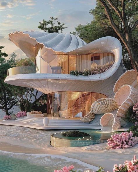 Bionic Architecture Concept, Mermaid House Exterior, Shell Mermaid Art, Extravagant Architecture, Art Deco House Exterior, Seashell House, Best Greige Paint, Best Greige, Mermaid House