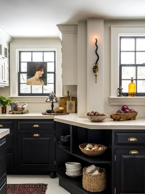 Vanessa Carlton House, French Black Kitchen, Rhode Island Home Interior, Architectural Digest Kitchens, Moody English Kitchen, Warm Moody Kitchen, Styling An Island, Cozy Home Style, Modern Witchy Kitchen