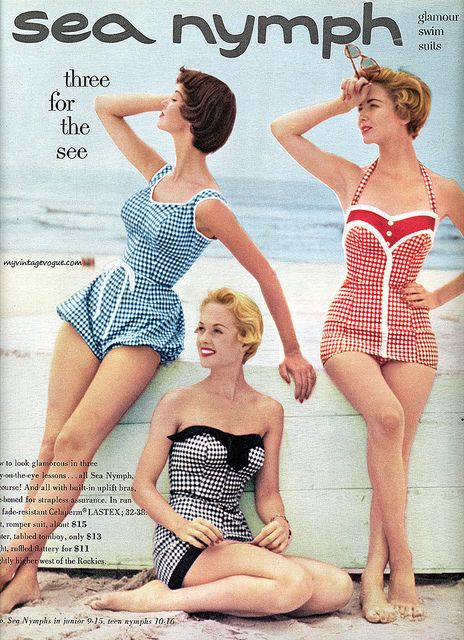 Sea nymph 1954    Dolores Hawkins (l), Tippi Hedren in the middle Vintage Bathing Suits 1950s, Vintage Inspired Bathing Suits, 1950s Bathing Suits, Bathing Suit For Women, Gingham Swimsuit, Tippi Hedren, Vintage Gingham, Estilo Pin Up, Vogue Vintage